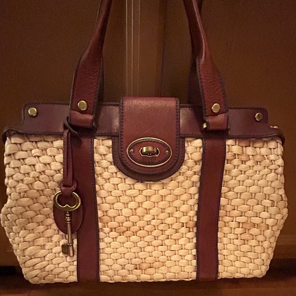 Fossil Natural Straw Brown Leather Trim Satchel Purse - Picture 7 of 15